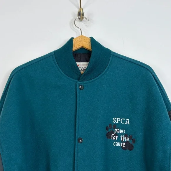 Vintage Varsity Jacket Mens Large Green Blue Wool Black Leather SPCA Dog Lover - Picture 3 of 16